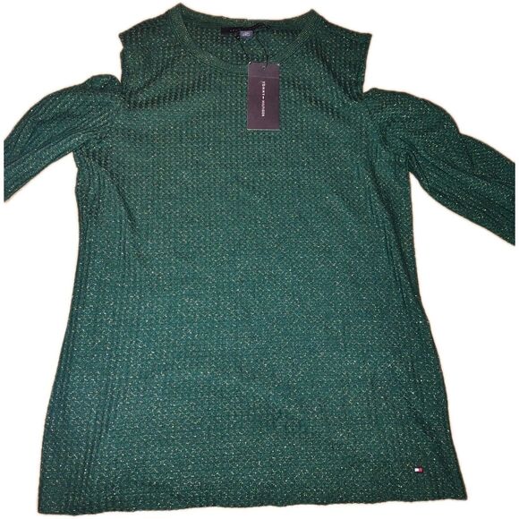 Tommy Hilfiger Womens Top Sz MED Metallic Cold Shoulder T-Shirt In Green & Gold - Picture 2 of 9